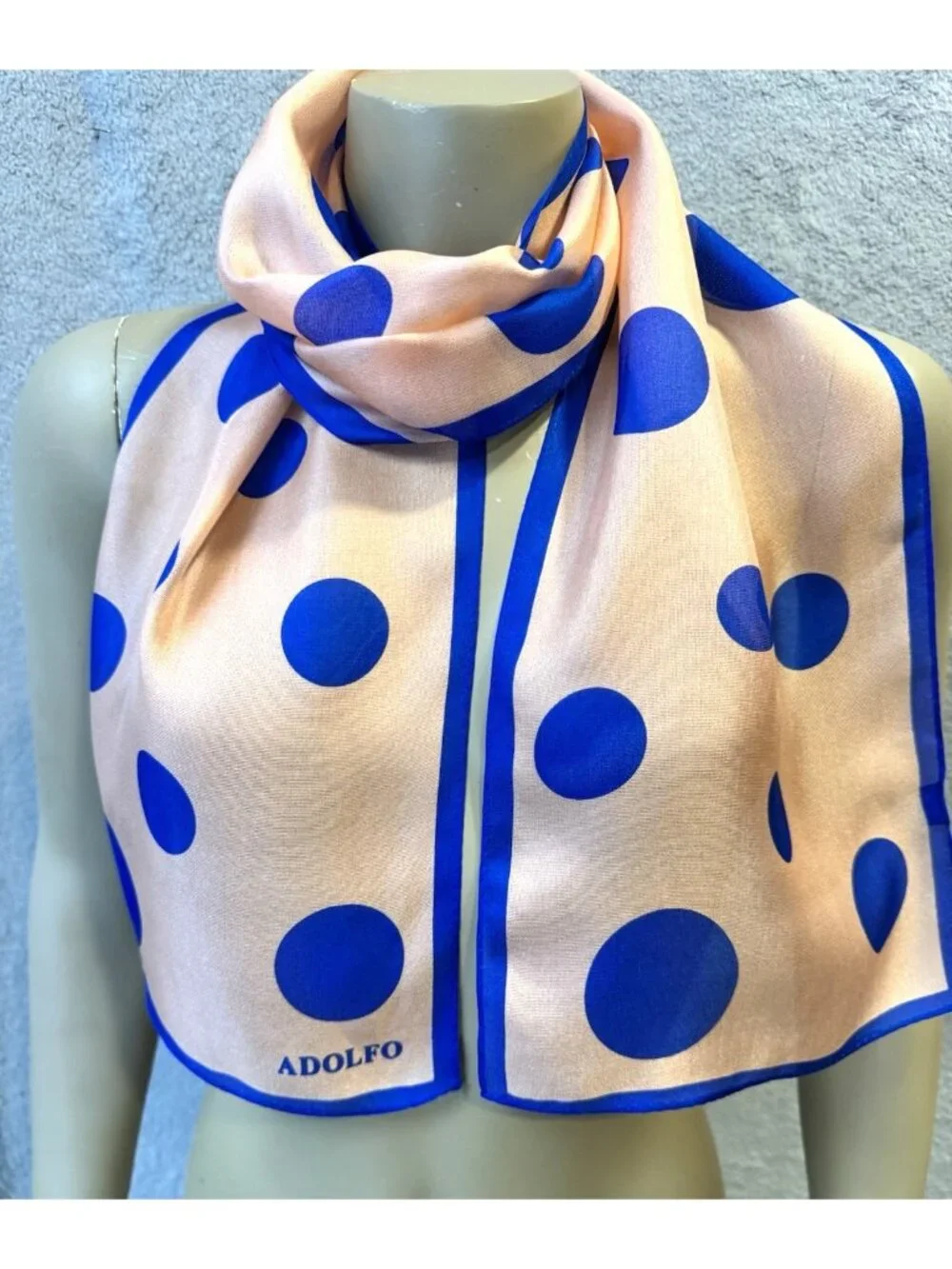 Vintage ADOLFO Silk Scarf, Polka Dots, Peachy Pink & Cobalt Blue 10